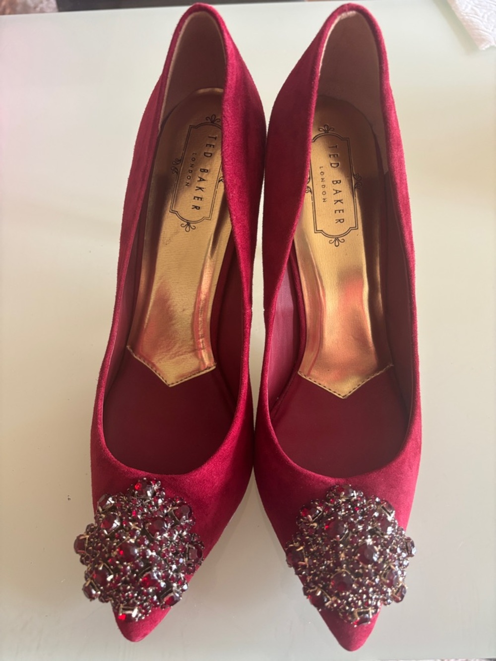 Ted Baker Deep Red Jeweled Pointed-Toe Pumps